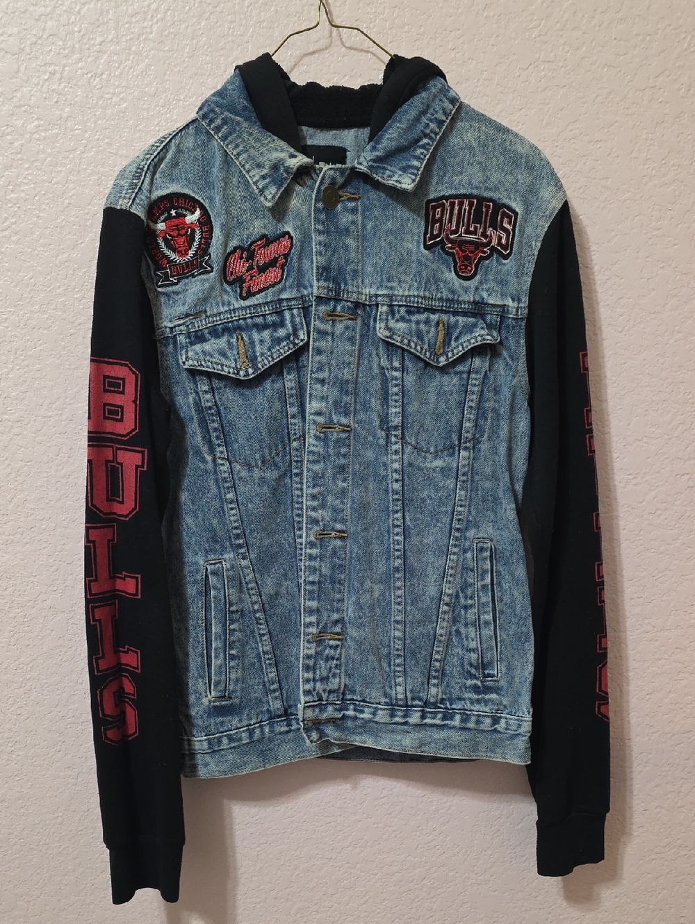 NBA Light Blue Denim Jacket with Black Hood and Logo Patch